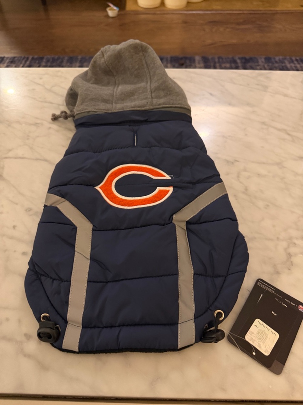 NFL Chicago Bears Navy Blue & Orange Puffer Dog Jacket with Gray Hood